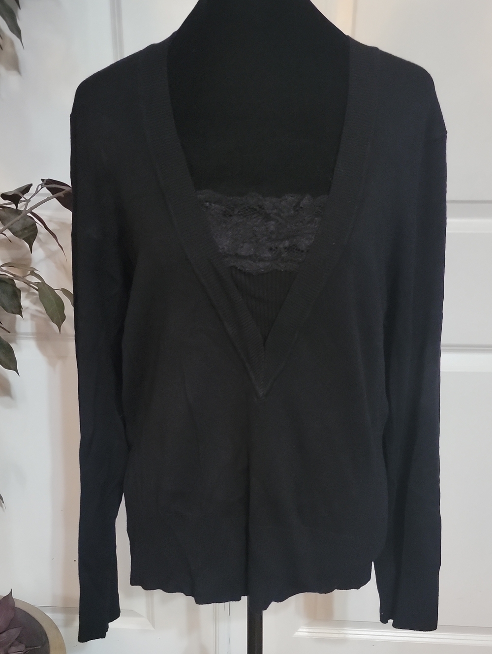 Hillard & Hanson Black V-Neck Sweater with Lace Inset